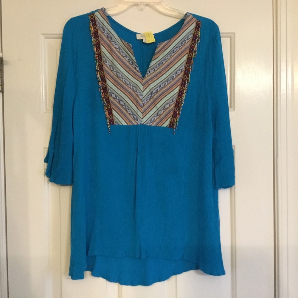 3/$15 UMGEE turquoise multi-color beaded tunic top M L
